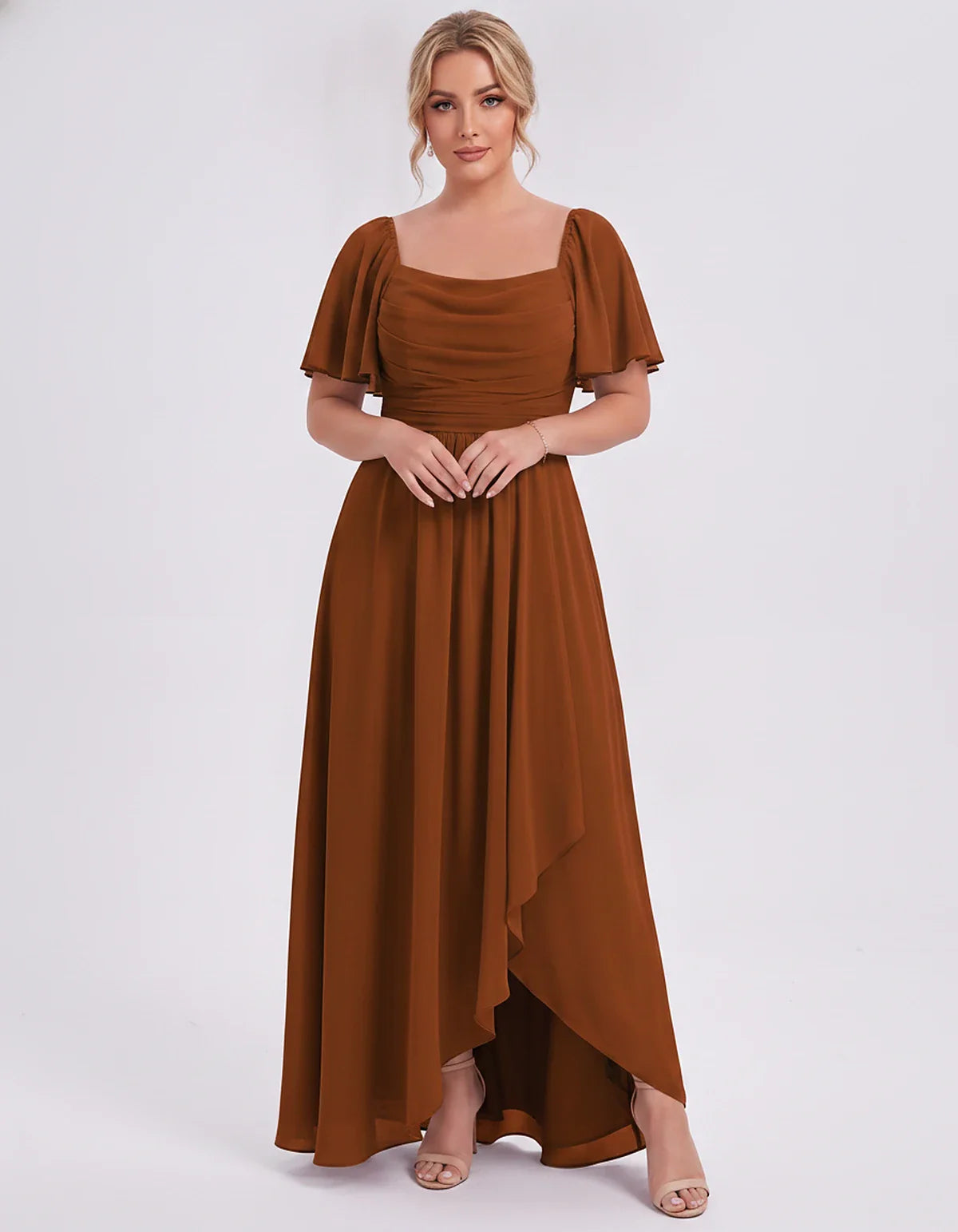 Chiffon Flutter Sleeve Square Neck A-Line Maxi Dress for Party, Cocktail, Evening, Wedding Guest, Summer Formal Events, front | SKU: CD-123456789012345-BURNTORANGE-L,CD-123456789012345-BURNTORANGE-M,CD-123456789012345-BURNTORANGE-S,CD-123456789012345-BURNTORANGE-XL,CD-123456789012345-BURNTORANGE-XS