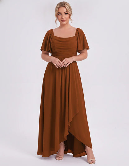Chiffon Flutter Sleeve Square Neck A-Line Maxi Dress for Party, Cocktail, Evening, Wedding Guest, Summer Formal Events, front | SKU: CD-123456789012345-BURNTORANGE-L,CD-123456789012345-BURNTORANGE-M,CD-123456789012345-BURNTORANGE-S,CD-123456789012345-BURNTORANGE-XL,CD-123456789012345-BURNTORANGE-XS