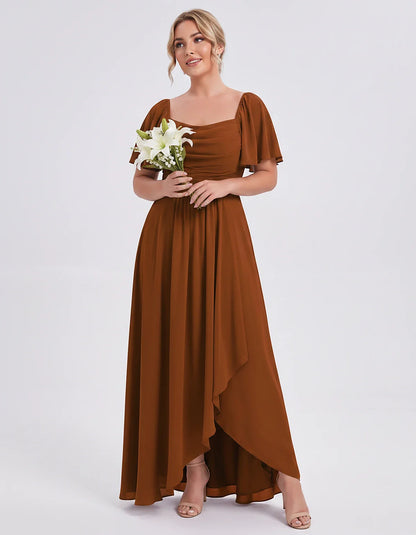 Chiffon Flutter Sleeve Square Neck A-Line Maxi Dress for Party, Cocktail, Evening, Wedding Guest, Summer Formal Events, front | SKU: CD-123456789012345-BURNTORANGE-L,CD-123456789012345-BURNTORANGE-M,CD-123456789012345-BURNTORANGE-S,CD-123456789012345-BURNTORANGE-XL,CD-123456789012345-BURNTORANGE-XS