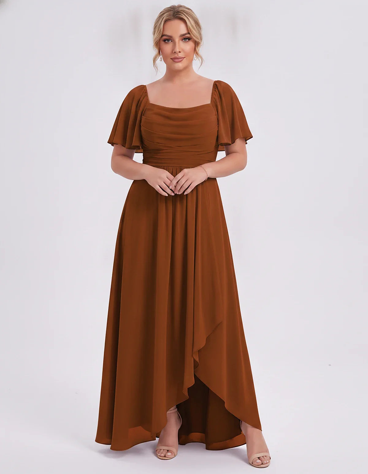 Chiffon Flutter Sleeve Square Neck A-Line Maxi Dress for Party, Cocktail, Evening, Wedding Guest, Summer Formal Events, front | SKU: CD-123456789012345-BURNTORANGE-L,CD-123456789012345-BURNTORANGE-M,CD-123456789012345-BURNTORANGE-S,CD-123456789012345-BURNTORANGE-XL,CD-123456789012345-BURNTORANGE-XS