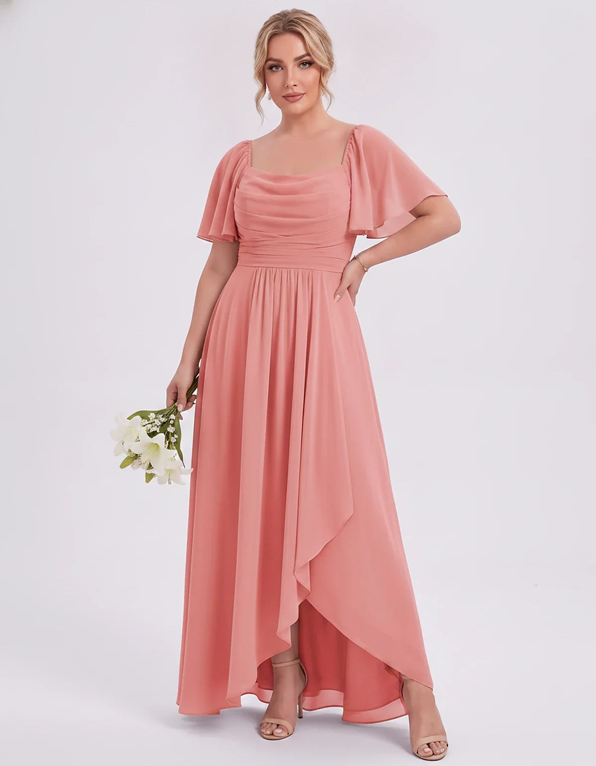 Chiffon Flutter Sleeve Square Neck A-Line Maxi Dress for Party, Cocktail, Evening, Wedding Guest, Summer Formal Events, front | SKU: CD-123456789012345-CORAL-L,CD-123456789012345-CORAL-M,CD-123456789012345-CORAL-S,CD-123456789012345-CORAL-XL,CD-123456789012345-CORAL-XS