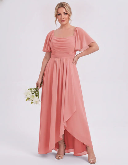 Chiffon Flutter Sleeve Square Neck A-Line Maxi Dress for Party, Cocktail, Evening, Wedding Guest, Summer Formal Events, front | SKU: CD-123456789012345-CORAL-L,CD-123456789012345-CORAL-M,CD-123456789012345-CORAL-S,CD-123456789012345-CORAL-XL,CD-123456789012345-CORAL-XS