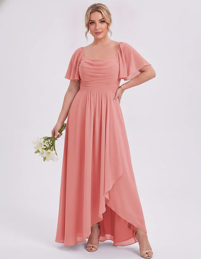 Chiffon Flutter Sleeve Square Neck A-Line Maxi Dress for Party, Cocktail, Evening, Wedding Guest, Summer Formal Events, front | SKU: CD-123456789012345-CORAL-L,CD-123456789012345-CORAL-M,CD-123456789012345-CORAL-S,CD-123456789012345-CORAL-XL,CD-123456789012345-CORAL-XS