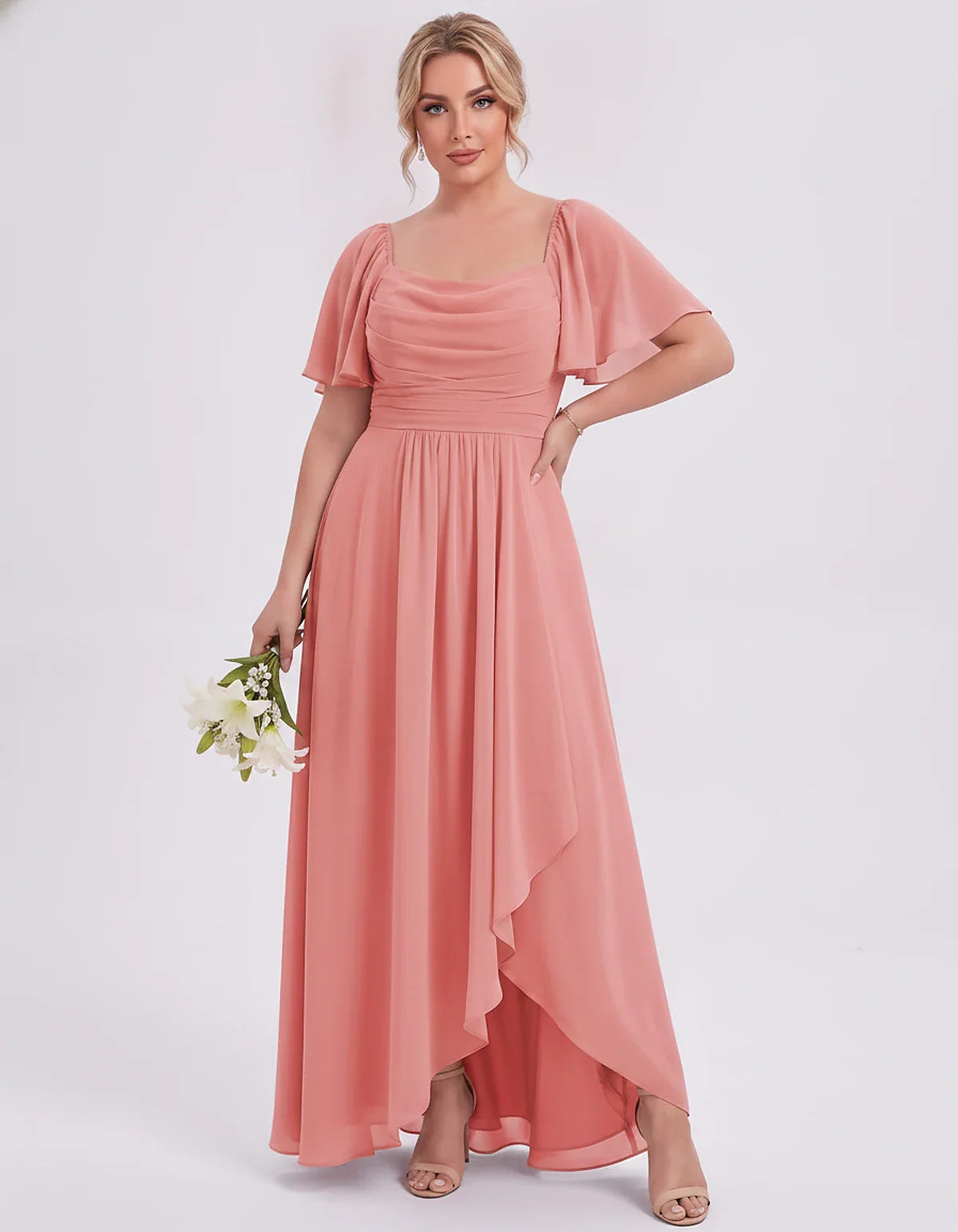 Chiffon Flutter Sleeve Square Neck A-Line Maxi Dress for Party, Cocktail, Evening, Wedding Guest, Summer Formal Events, front | SKU: CD-123456789012345-CORAL-L,CD-123456789012345-CORAL-M,CD-123456789012345-CORAL-S,CD-123456789012345-CORAL-XL,CD-123456789012345-CORAL-XS