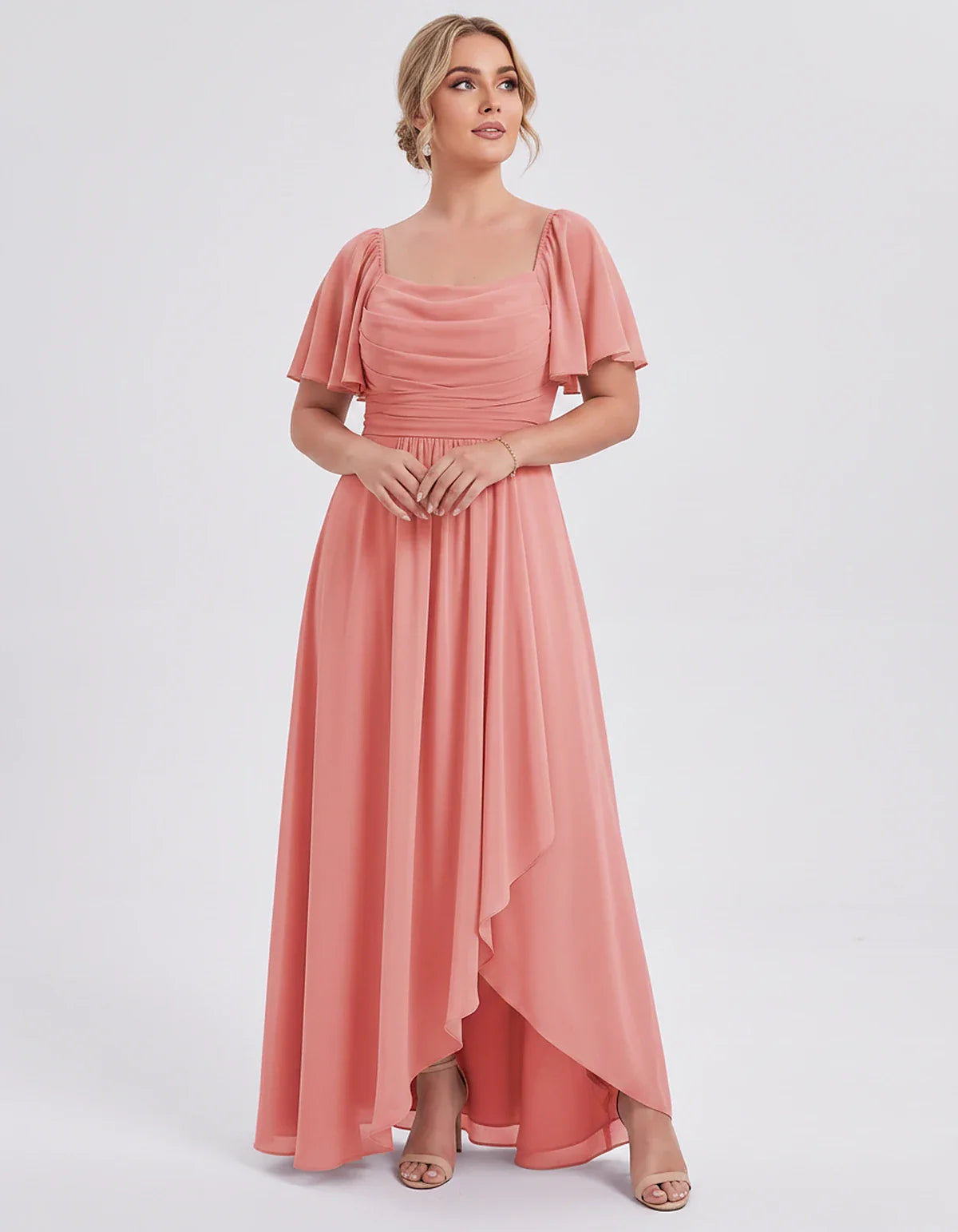 Chiffon Flutter Sleeve Square Neck A-Line Maxi Dress for Party, Cocktail, Evening, Wedding Guest, Summer Formal Events, front | SKU: CD-123456789012345-CORAL-L,CD-123456789012345-CORAL-M,CD-123456789012345-CORAL-S,CD-123456789012345-CORAL-XL,CD-123456789012345-CORAL-XS