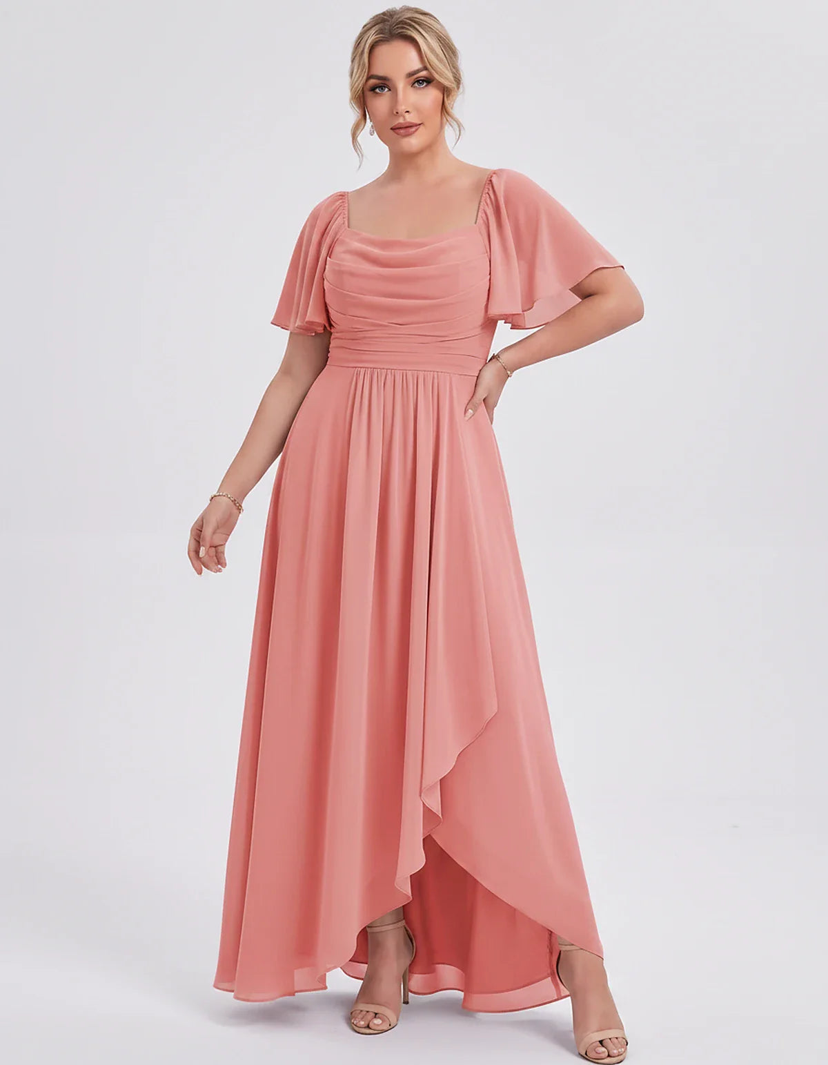 Chiffon Flutter Sleeve Square Neck A-Line Maxi Dress for Party, Cocktail, Evening, Wedding Guest, Summer Formal Events, front | SKU: CD-123456789012345-CORAL-L,CD-123456789012345-CORAL-M,CD-123456789012345-CORAL-S,CD-123456789012345-CORAL-XL,CD-123456789012345-CORAL-XS