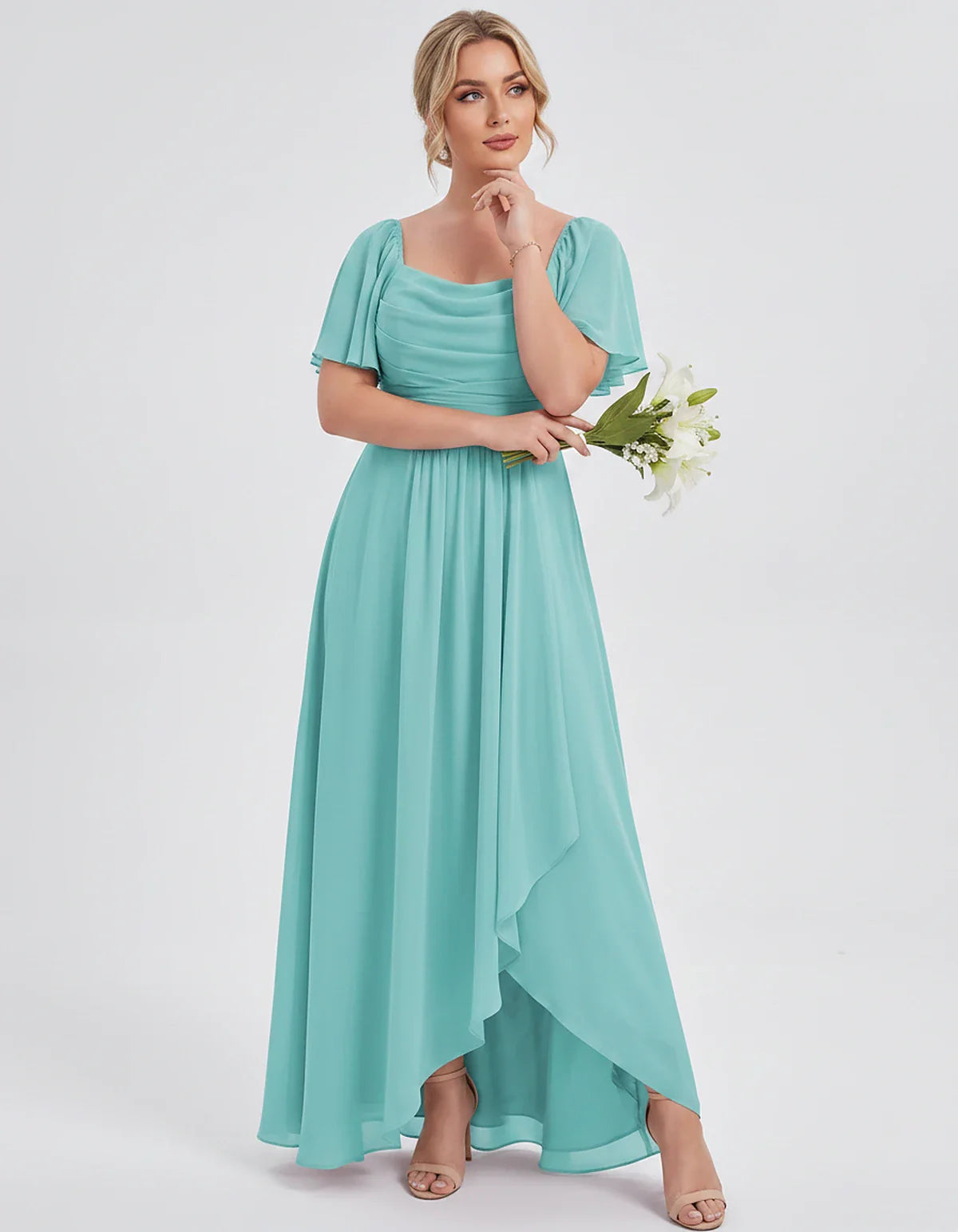 Chiffon Flutter Sleeve Square Neck A-Line Maxi Dress for Party, Cocktail, Evening, Wedding Guest, Summer Formal Events, front | SKU: CD-123456789012345-AQUA-L,CD-123456789012345-AQUA-M,CD-123456789012345-AQUA-S,CD-123456789012345-AQUA-XL,CD-123456789012345-AQUA-XS