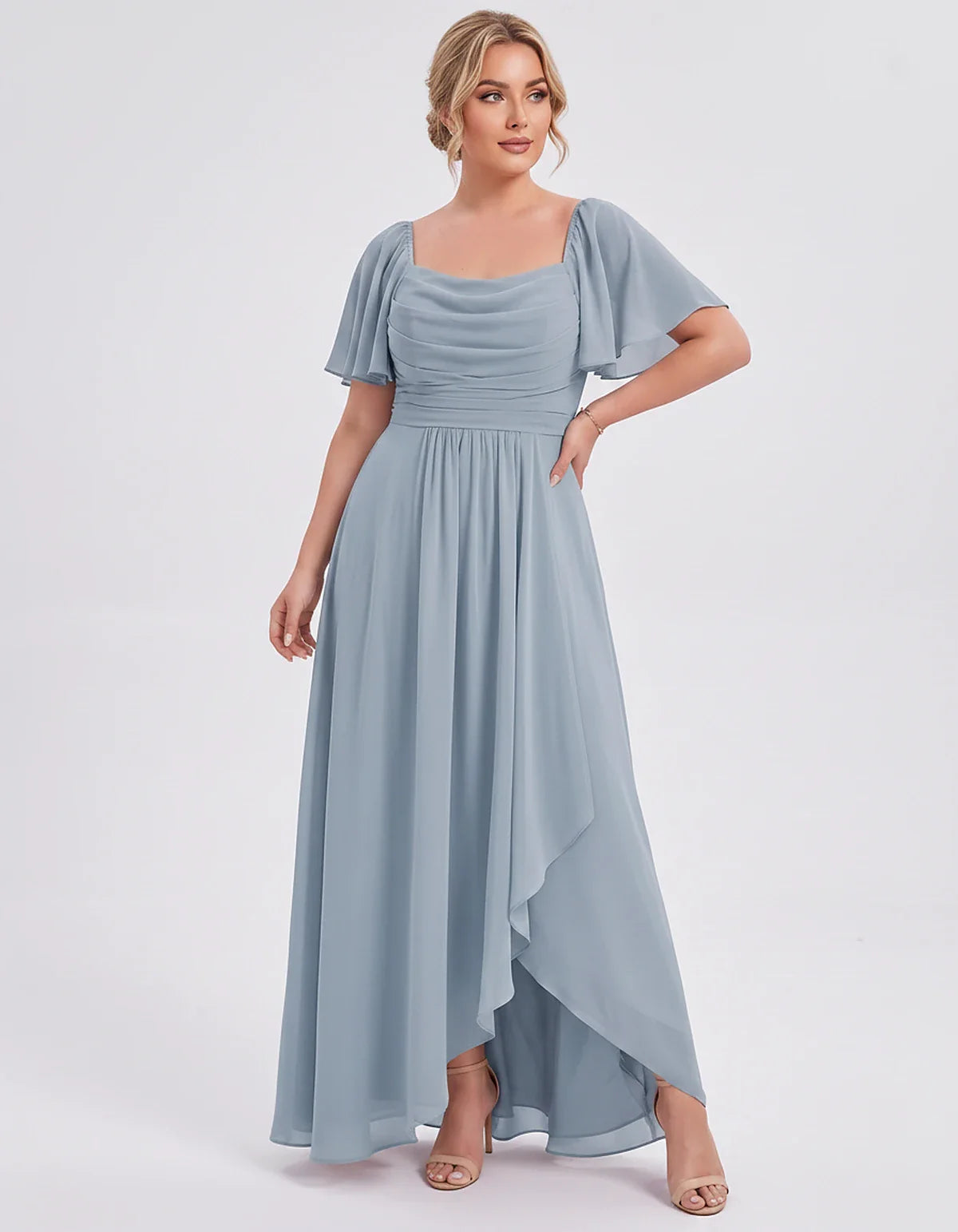 Chiffon Flutter Sleeve Square Neck A-Line Maxi Dress for Party, Cocktail, Evening, Wedding Guest, Summer Formal Events, front | SKU: CD-123456789012345-DUSTYBLUE-L,CD-123456789012345-DUSTYBLUE-M,CD-123456789012345-DUSTYBLUE-S,CD-123456789012345-DUSTYBLUE-XL,CD-123456789012345-DUSTYBLUE-XS