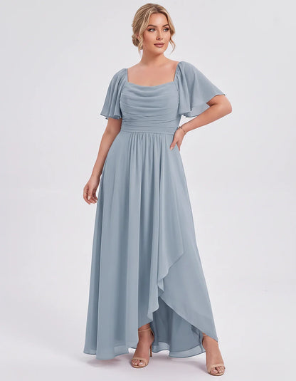 Chiffon Flutter Sleeve Square Neck A-Line Maxi Dress for Party, Cocktail, Evening, Wedding Guest, Summer Formal Events, front | SKU: CD-123456789012345-DUSTYBLUE-L,CD-123456789012345-DUSTYBLUE-M,CD-123456789012345-DUSTYBLUE-S,CD-123456789012345-DUSTYBLUE-XL,CD-123456789012345-DUSTYBLUE-XS