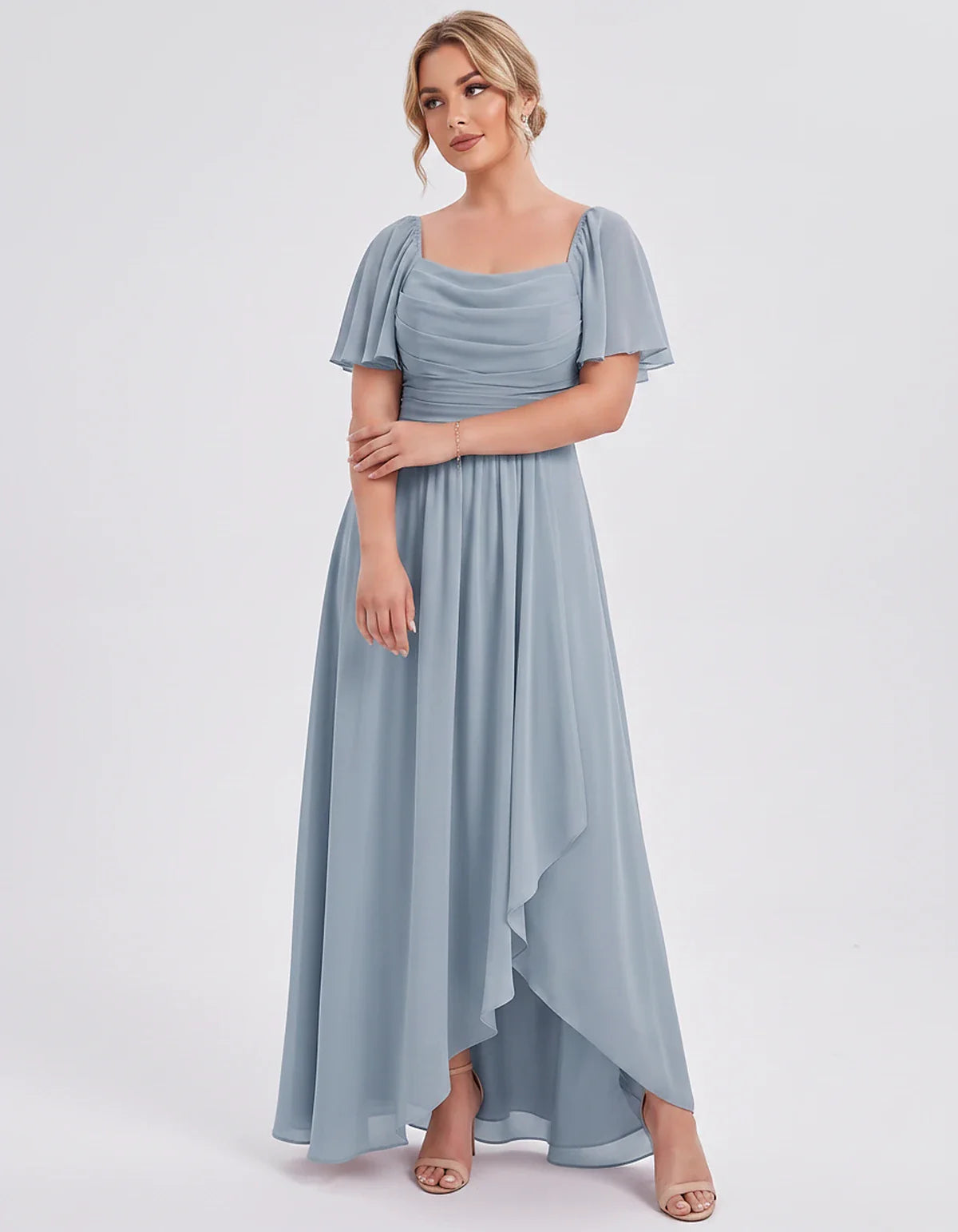 Chiffon Flutter Sleeve Square Neck A-Line Maxi Dress for Party, Cocktail, Evening, Wedding Guest, Summer Formal Events, front | SKU: CD-123456789012345-DUSTYBLUE-L,CD-123456789012345-DUSTYBLUE-M,CD-123456789012345-DUSTYBLUE-S,CD-123456789012345-DUSTYBLUE-XL,CD-123456789012345-DUSTYBLUE-XS
