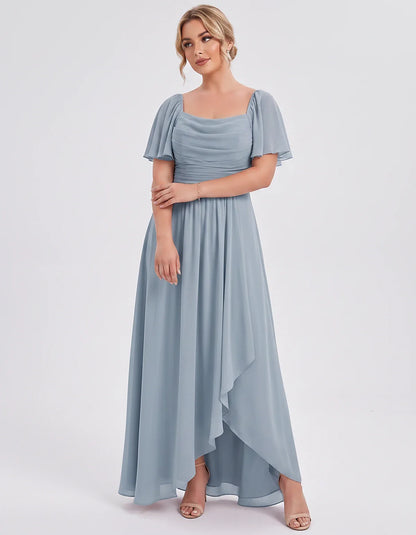 Chiffon Flutter Sleeve Square Neck A-Line Maxi Dress for Party, Cocktail, Evening, Wedding Guest, Summer Formal Events, front | SKU: CD-123456789012345-DUSTYBLUE-L,CD-123456789012345-DUSTYBLUE-M,CD-123456789012345-DUSTYBLUE-S,CD-123456789012345-DUSTYBLUE-XL,CD-123456789012345-DUSTYBLUE-XS