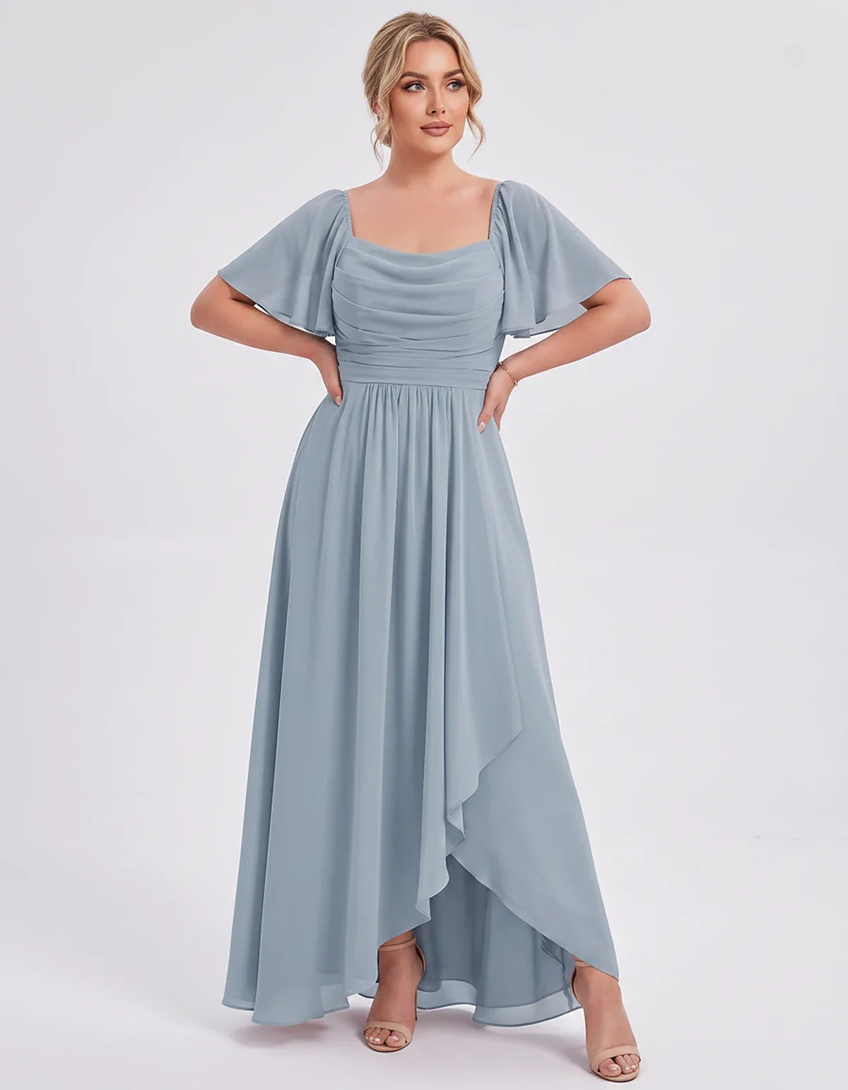 Chiffon Flutter Sleeve Square Neck A-Line Maxi Dress for Party, Cocktail, Evening, Wedding Guest, Summer Formal Events, front | SKU: CD-123456789012345-DUSTYBLUE-L,CD-123456789012345-DUSTYBLUE-M,CD-123456789012345-DUSTYBLUE-S,CD-123456789012345-DUSTYBLUE-XL,CD-123456789012345-DUSTYBLUE-XS
