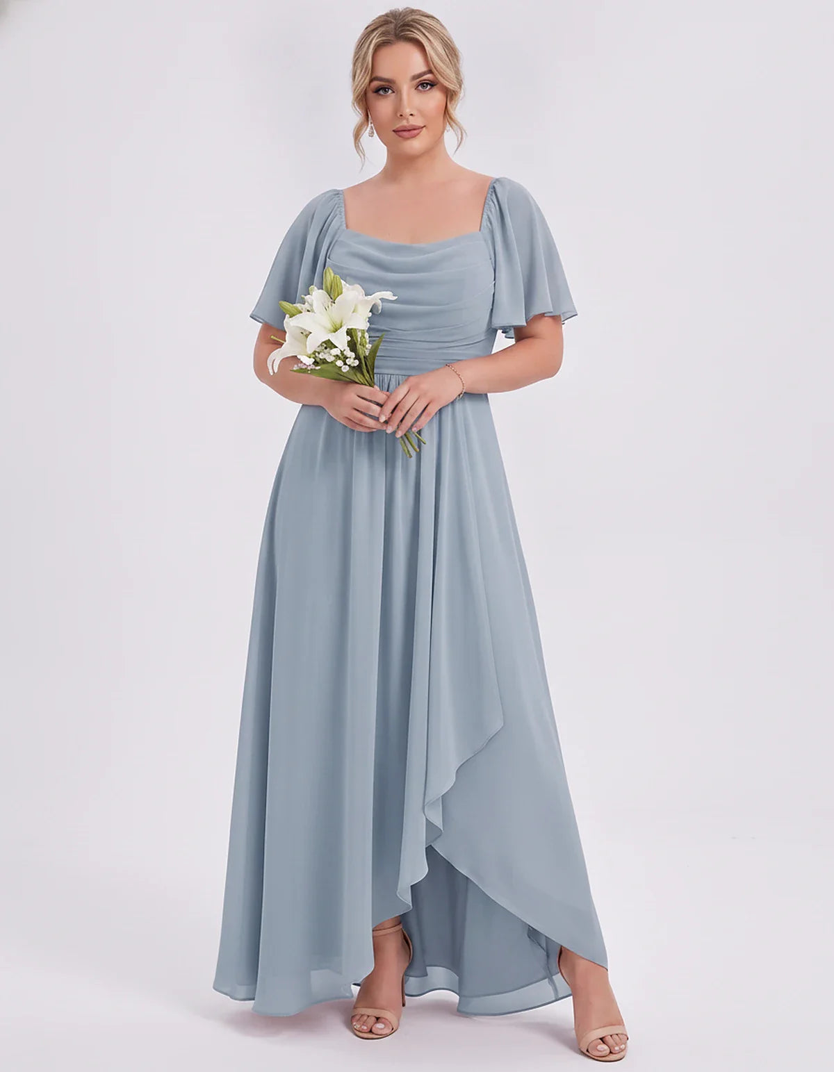 Chiffon Flutter Sleeve Square Neck A-Line Maxi Dress for Party, Cocktail, Evening, Wedding Guest, Summer Formal Events, front | SKU: CD-123456789012345-DUSTYBLUE-L,CD-123456789012345-DUSTYBLUE-M,CD-123456789012345-DUSTYBLUE-S,CD-123456789012345-DUSTYBLUE-XL,CD-123456789012345-DUSTYBLUE-XS