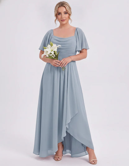 Chiffon Flutter Sleeve Square Neck A-Line Maxi Dress for Party, Cocktail, Evening, Wedding Guest, Summer Formal Events, front | SKU: CD-123456789012345-DUSTYBLUE-L,CD-123456789012345-DUSTYBLUE-M,CD-123456789012345-DUSTYBLUE-S,CD-123456789012345-DUSTYBLUE-XL,CD-123456789012345-DUSTYBLUE-XS