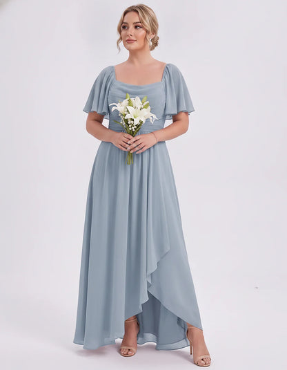 Chiffon Flutter Sleeve Square Neck A-Line Maxi Dress for Party, Cocktail, Evening, Wedding Guest, Summer Formal Events, front | SKU: CD-123456789012345-DUSTYBLUE-L,CD-123456789012345-DUSTYBLUE-M,CD-123456789012345-DUSTYBLUE-S,CD-123456789012345-DUSTYBLUE-XL,CD-123456789012345-DUSTYBLUE-XS