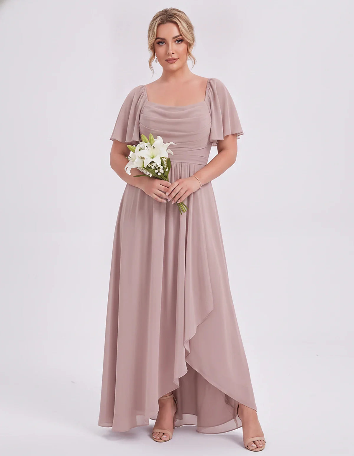 Chiffon Flutter Sleeve Square Neck A-Line Maxi Dress for Party, Cocktail, Evening, Wedding Guest, Summer Formal Events, front | SKU: CD-123456789012345-DUSTYPINK-L,CD-123456789012345-DUSTYPINK-M,CD-123456789012345-DUSTYPINK-S,CD-123456789012345-DUSTYPINK-XL,CD-123456789012345-DUSTYPINK-XS