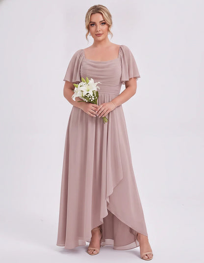 Chiffon Flutter Sleeve Square Neck A-Line Maxi Dress for Party, Cocktail, Evening, Wedding Guest, Summer Formal Events, front | SKU: CD-123456789012345-DUSTYPINK-L,CD-123456789012345-DUSTYPINK-M,CD-123456789012345-DUSTYPINK-S,CD-123456789012345-DUSTYPINK-XL,CD-123456789012345-DUSTYPINK-XS