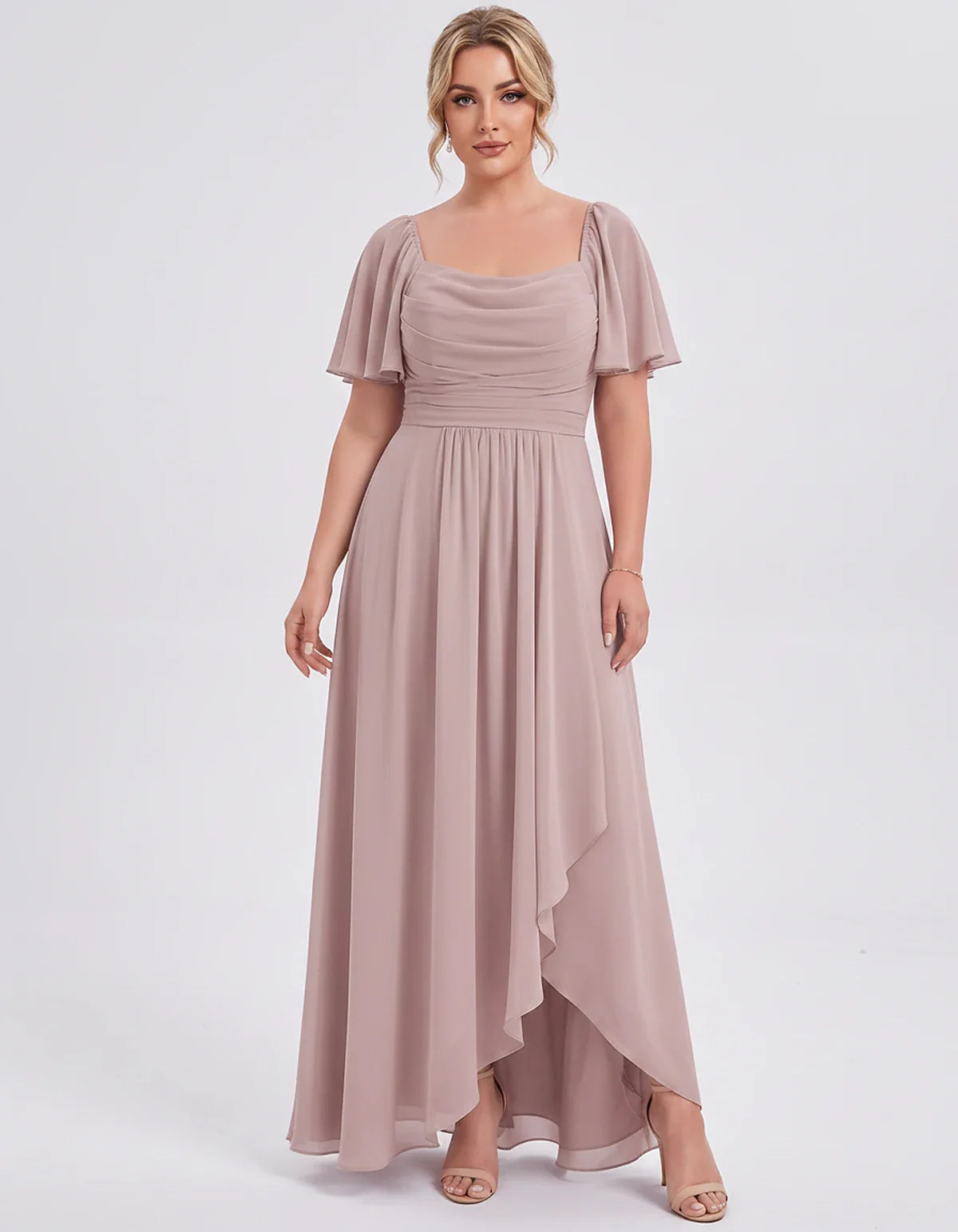 Chiffon Flutter Sleeve Square Neck A-Line Maxi Dress for Party, Cocktail, Evening, Wedding Guest, Summer Formal Events, front | SKU: CD-123456789012345-DUSTYPINK-L,CD-123456789012345-DUSTYPINK-M,CD-123456789012345-DUSTYPINK-S,CD-123456789012345-DUSTYPINK-XL,CD-123456789012345-DUSTYPINK-XS