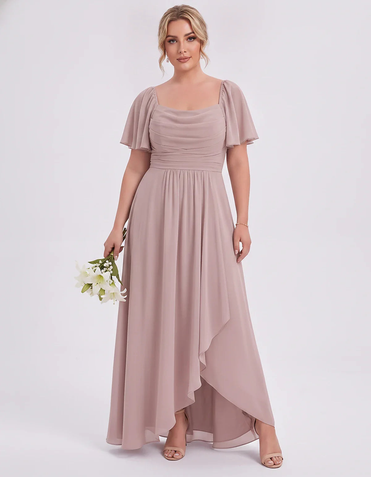 Chiffon Flutter Sleeve Square Neck A-Line Maxi Dress for Party, Cocktail, Evening, Wedding Guest, Summer Formal Events, front | SKU: CD-123456789012345-DUSTYPINK-L,CD-123456789012345-DUSTYPINK-M,CD-123456789012345-DUSTYPINK-S,CD-123456789012345-DUSTYPINK-XL,CD-123456789012345-DUSTYPINK-XS