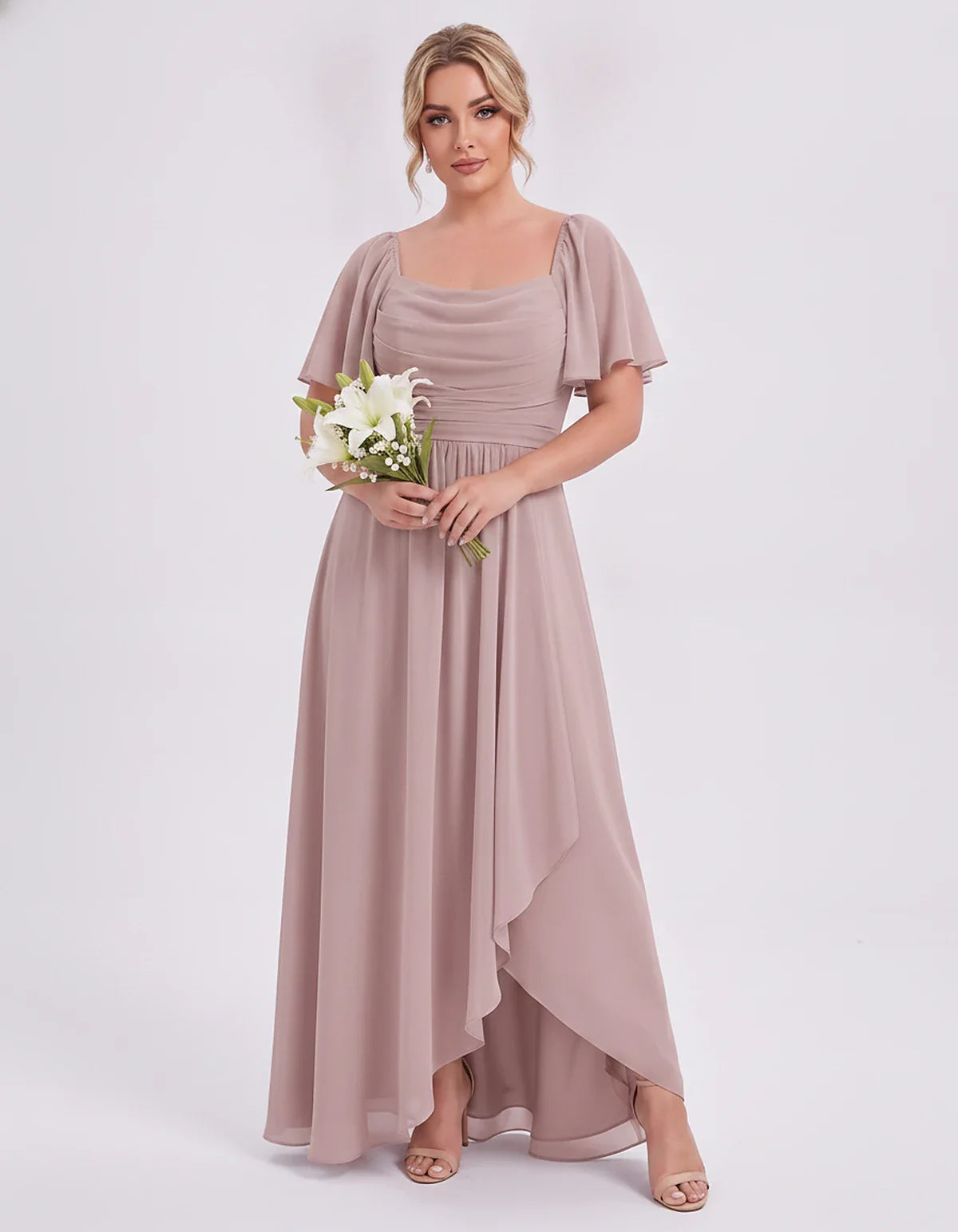 Chiffon Flutter Sleeve Square Neck A-Line Maxi Dress for Party, Cocktail, Evening, Wedding Guest, Summer Formal Events, front | SKU: CD-123456789012345-DUSTYPINK-L,CD-123456789012345-DUSTYPINK-M,CD-123456789012345-DUSTYPINK-S,CD-123456789012345-DUSTYPINK-XL,CD-123456789012345-DUSTYPINK-XS