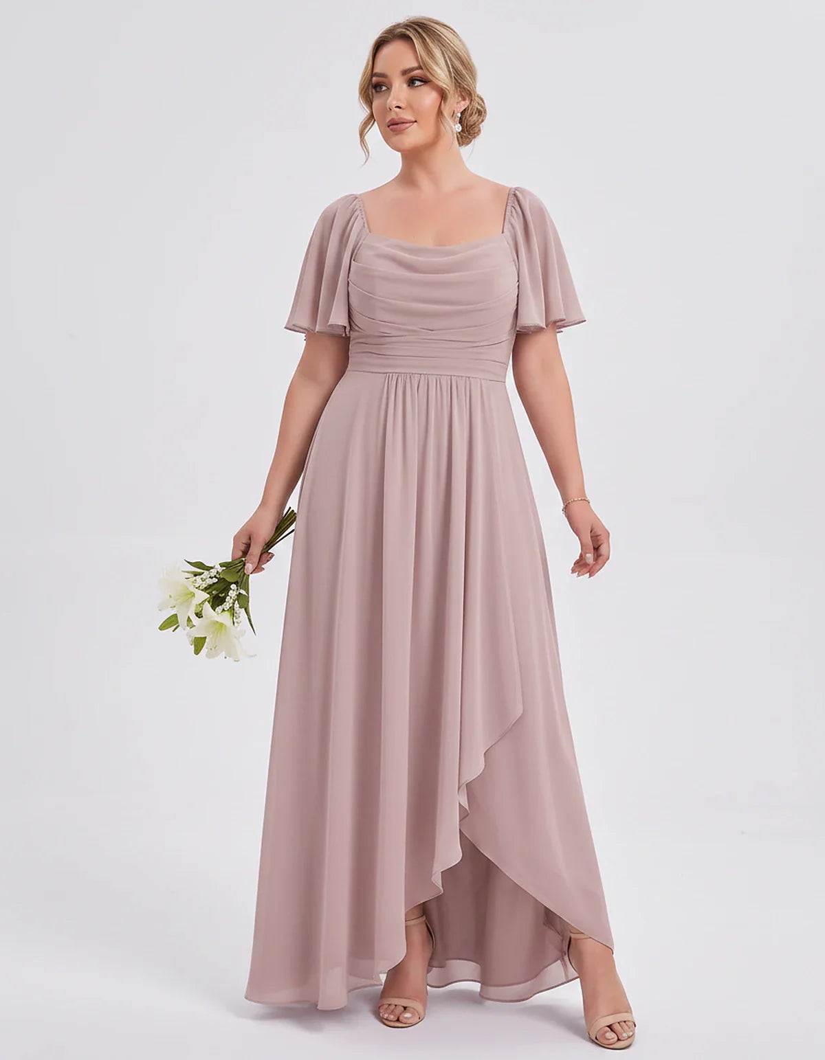 Chiffon Flutter Sleeve Square Neck A-Line Maxi Dress for Party, Cocktail, Evening, Wedding Guest, Summer Formal Events, front | SKU: CD-123456789012345-DUSTYPINK-L,CD-123456789012345-DUSTYPINK-M,CD-123456789012345-DUSTYPINK-S,CD-123456789012345-DUSTYPINK-XL,CD-123456789012345-DUSTYPINK-XS