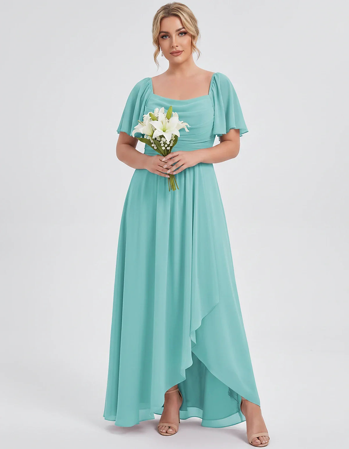 Chiffon Flutter Sleeve Square Neck A-Line Maxi Dress for Party, Cocktail, Evening, Wedding Guest, Summer Formal Events, front | SKU: CD-123456789012345-AQUA-L,CD-123456789012345-AQUA-M,CD-123456789012345-AQUA-S,CD-123456789012345-AQUA-XL,CD-123456789012345-AQUA-XS