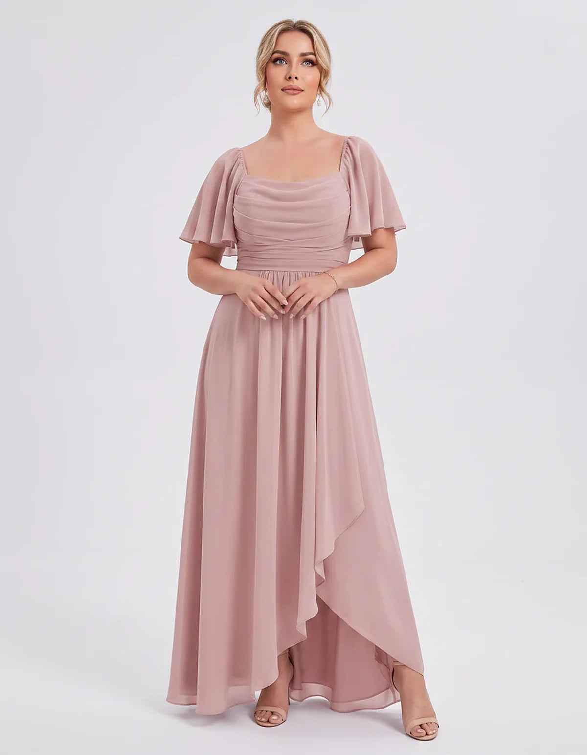 Chiffon Flutter Sleeve Square Neck A-Line Maxi Dress for Party, Cocktail, Evening, Wedding Guest, Summer Formal Events, front | SKU: CD-123456789012345-DUSTYROSE-L,CD-123456789012345-DUSTYROSE-M,CD-123456789012345-DUSTYROSE-S,CD-123456789012345-DUSTYROSE-XL,CD-123456789012345-DUSTYROSE-XS