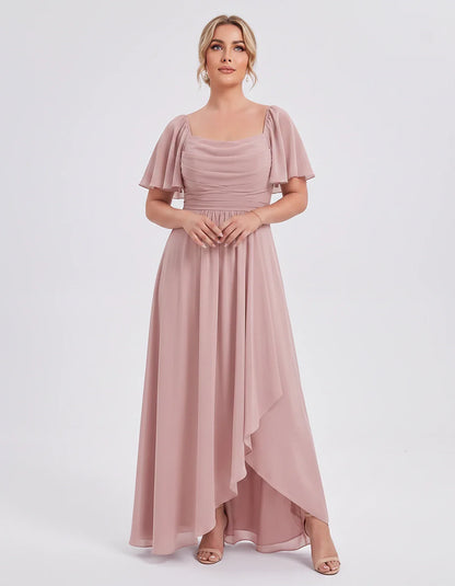 Chiffon Flutter Sleeve Square Neck A-Line Maxi Dress for Party, Cocktail, Evening, Wedding Guest, Summer Formal Events, front | SKU: CD-123456789012345-DUSTYROSE-L,CD-123456789012345-DUSTYROSE-M,CD-123456789012345-DUSTYROSE-S,CD-123456789012345-DUSTYROSE-XL,CD-123456789012345-DUSTYROSE-XS