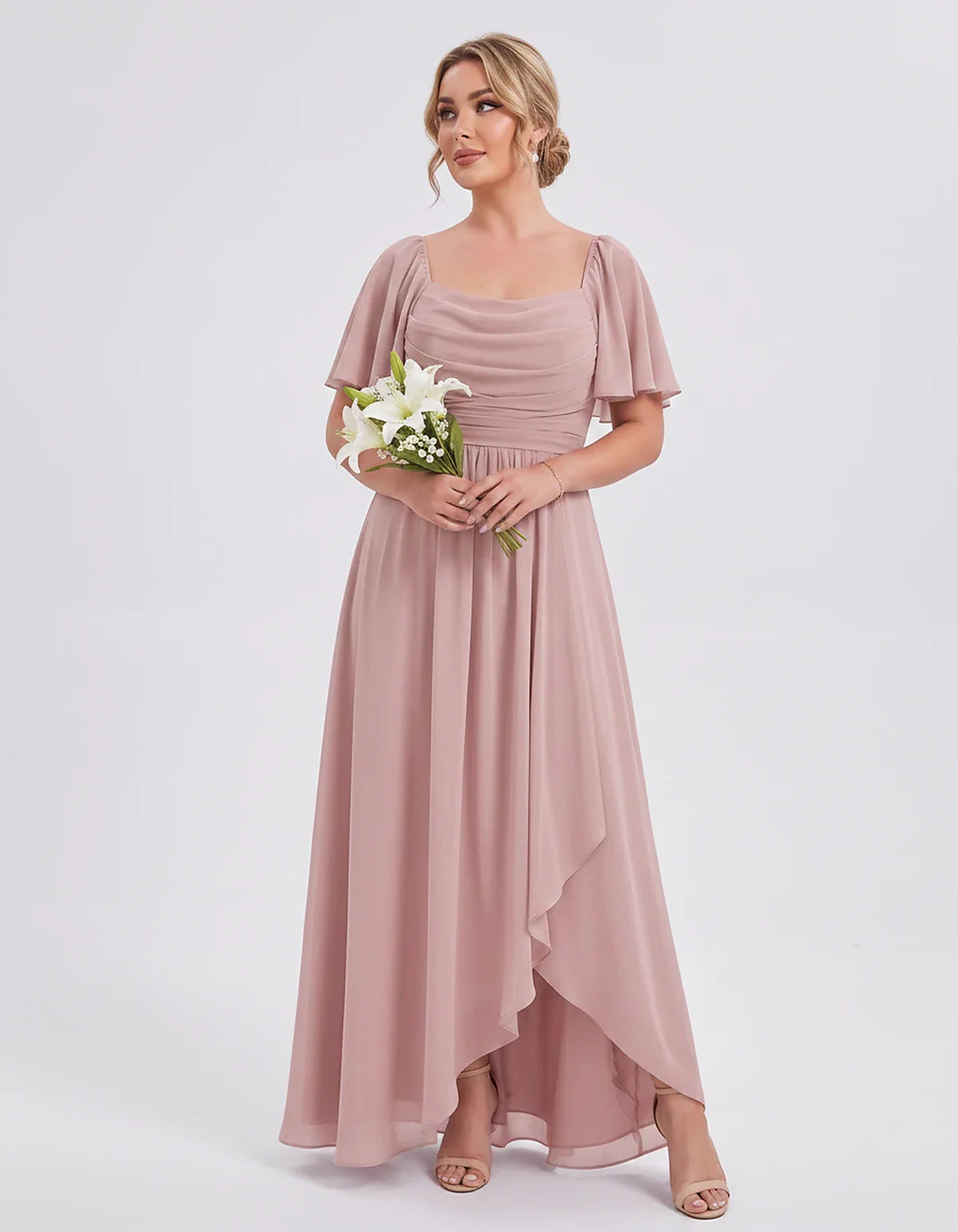 Chiffon Flutter Sleeve Square Neck A-Line Maxi Dress for Party, Cocktail, Evening, Wedding Guest, Summer Formal Events, front | SKU: CD-123456789012345-DUSTYROSE-L,CD-123456789012345-DUSTYROSE-M,CD-123456789012345-DUSTYROSE-S,CD-123456789012345-DUSTYROSE-XL,CD-123456789012345-DUSTYROSE-XS