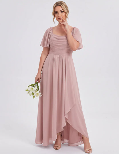 Chiffon Flutter Sleeve Square Neck A-Line Maxi Dress for Party, Cocktail, Evening, Wedding Guest, Summer Formal Events, front | SKU: CD-123456789012345-DUSTYROSE-L,CD-123456789012345-DUSTYROSE-M,CD-123456789012345-DUSTYROSE-S,CD-123456789012345-DUSTYROSE-XL,CD-123456789012345-DUSTYROSE-XS