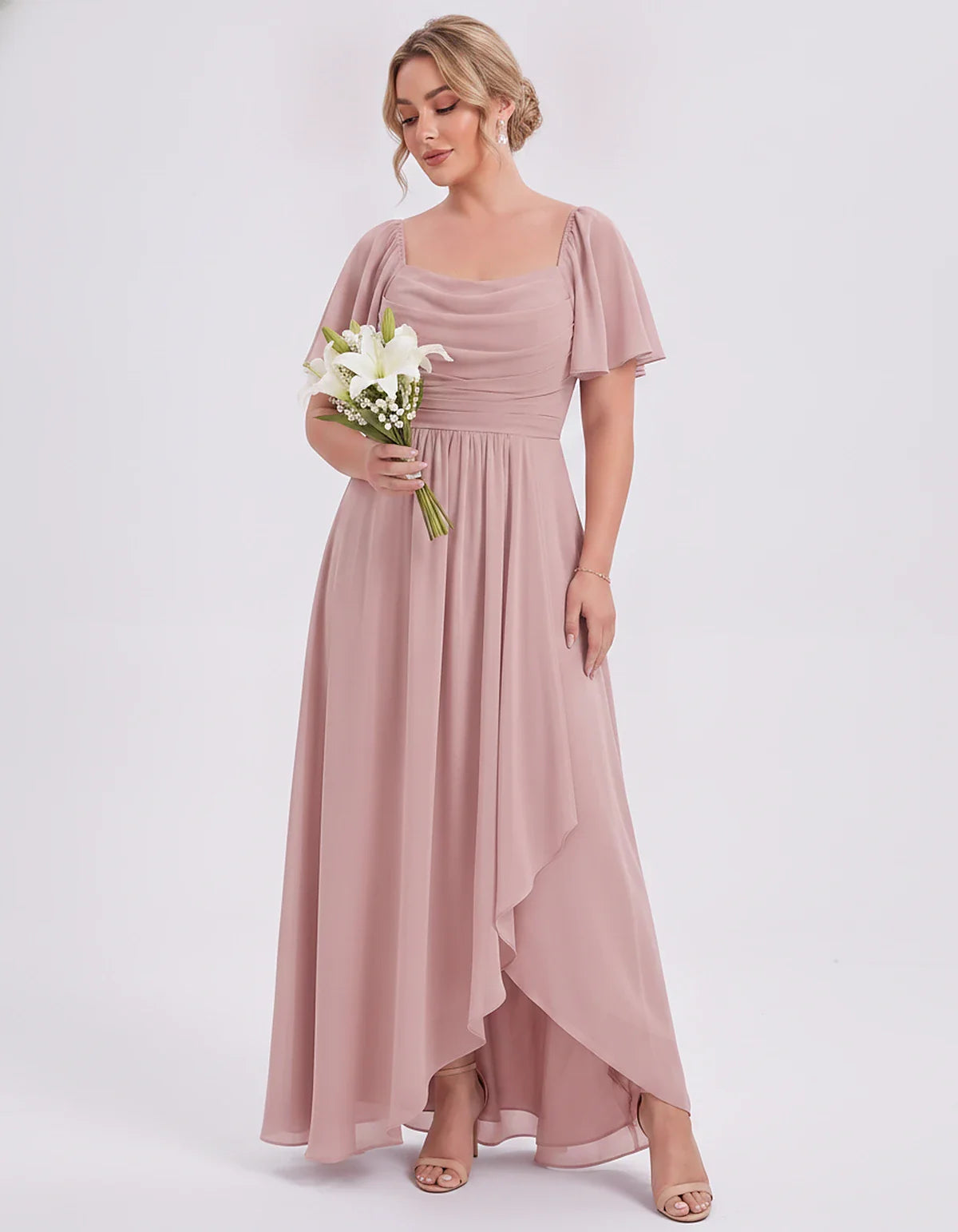 Chiffon Flutter Sleeve Square Neck A-Line Maxi Dress for Party, Cocktail, Evening, Wedding Guest, Summer Formal Events, front | SKU: CD-123456789012345-DUSTYROSE-L,CD-123456789012345-DUSTYROSE-M,CD-123456789012345-DUSTYROSE-S,CD-123456789012345-DUSTYROSE-XL,CD-123456789012345-DUSTYROSE-XS
