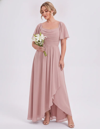 Chiffon Flutter Sleeve Square Neck A-Line Maxi Dress for Party, Cocktail, Evening, Wedding Guest, Summer Formal Events, front | SKU: CD-123456789012345-DUSTYROSE-L,CD-123456789012345-DUSTYROSE-M,CD-123456789012345-DUSTYROSE-S,CD-123456789012345-DUSTYROSE-XL,CD-123456789012345-DUSTYROSE-XS