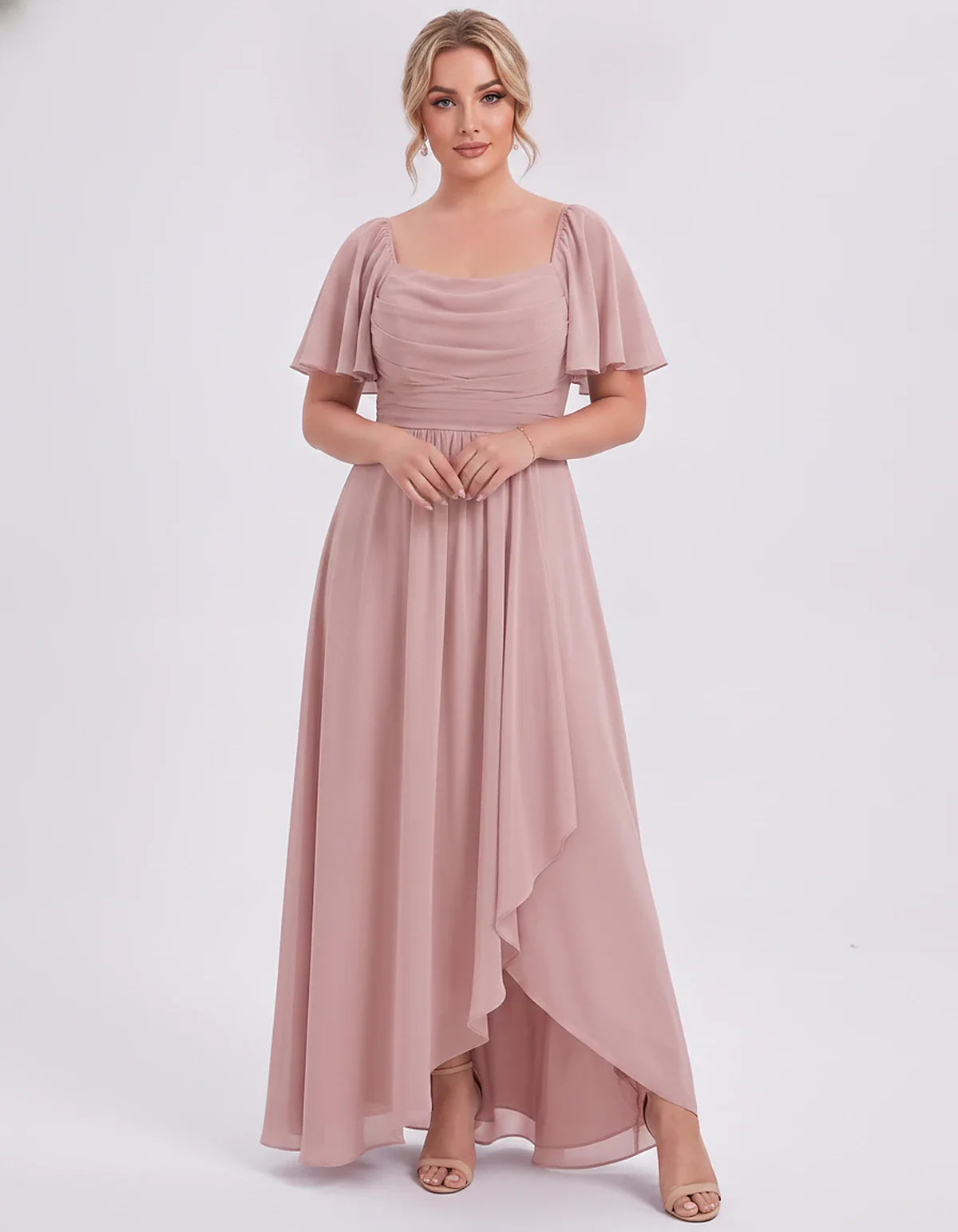 Chiffon Flutter Sleeve Square Neck A-Line Maxi Dress for Party, Cocktail, Evening, Wedding Guest, Summer Formal Events, front | SKU: CD-123456789012345-DUSTYROSE-L,CD-123456789012345-DUSTYROSE-M,CD-123456789012345-DUSTYROSE-S,CD-123456789012345-DUSTYROSE-XL,CD-123456789012345-DUSTYROSE-XS
