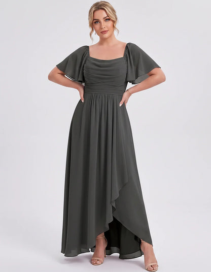 Chiffon Flutter Sleeve Square Neck A-Line Maxi Dress for Party, Cocktail, Evening, Wedding Guest, Summer Formal Events, front | SKU: CD-123456789012345-BLACK-L,CD-123456789012345-BLACK-M,CD-123456789012345-BLACK-S,CD-123456789012345-BLACK-XL,CD-123456789012345-BLACK-XS