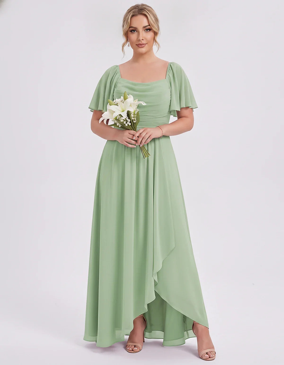 Chiffon Flutter Sleeve Square Neck A-Line Maxi Dress for Party, Cocktail, Evening, Wedding Guest, Summer Formal Events, front | SKU: CD-123456789012345-SAGE-L,CD-123456789012345-SAGE-M,CD-123456789012345-SAGE-S,CD-123456789012345-SAGE-XL,CD-123456789012345-SAGE-XS