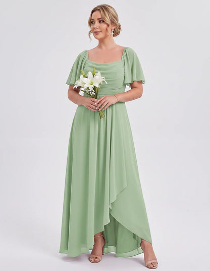 Chiffon Flutter Sleeve Square Neck A-Line Maxi Dress for Party, Cocktail, Evening, Wedding Guest, Summer Formal Events, front | SKU: CD-123456789012345-SAGE-L,CD-123456789012345-SAGE-M,CD-123456789012345-SAGE-S,CD-123456789012345-SAGE-XL,CD-123456789012345-SAGE-XS