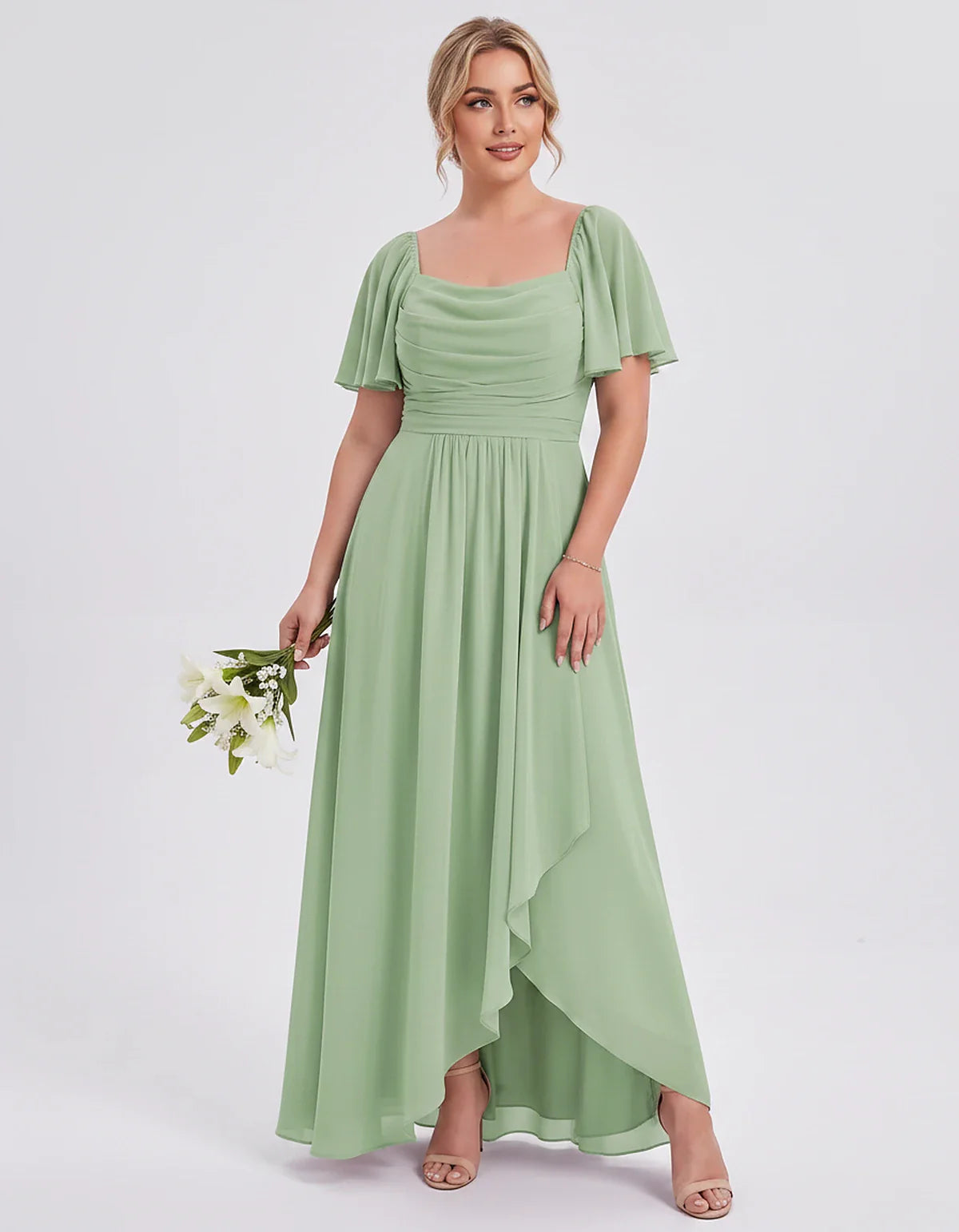 Chiffon Flutter Sleeve Square Neck A-Line Maxi Dress for Party, Cocktail, Evening, Wedding Guest, Summer Formal Events, front | SKU: CD-123456789012345-SAGE-L,CD-123456789012345-SAGE-M,CD-123456789012345-SAGE-S,CD-123456789012345-SAGE-XL,CD-123456789012345-SAGE-XS