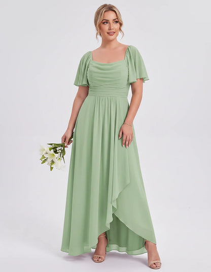 Chiffon Flutter Sleeve Square Neck A-Line Maxi Dress for Party, Cocktail, Evening, Wedding Guest, Summer Formal Events, front | SKU: CD-123456789012345-SAGE-L,CD-123456789012345-SAGE-M,CD-123456789012345-SAGE-S,CD-123456789012345-SAGE-XL,CD-123456789012345-SAGE-XS