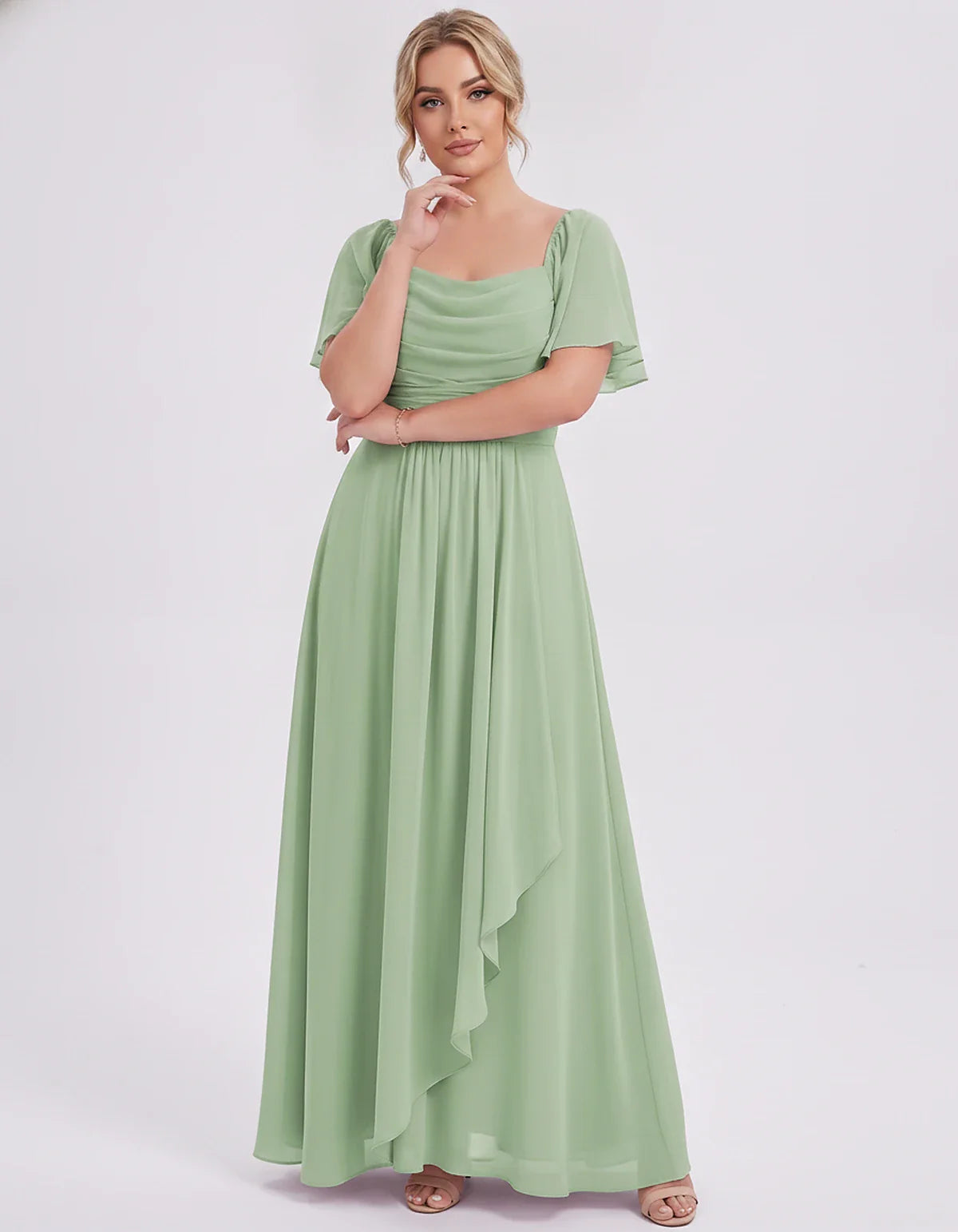 Chiffon Flutter Sleeve Square Neck A-Line Maxi Dress for Party, Cocktail, Evening, Wedding Guest, Summer Formal Events, front | SKU: CD-123456789012345-SAGE-L,CD-123456789012345-SAGE-M,CD-123456789012345-SAGE-S,CD-123456789012345-SAGE-XL,CD-123456789012345-SAGE-XS