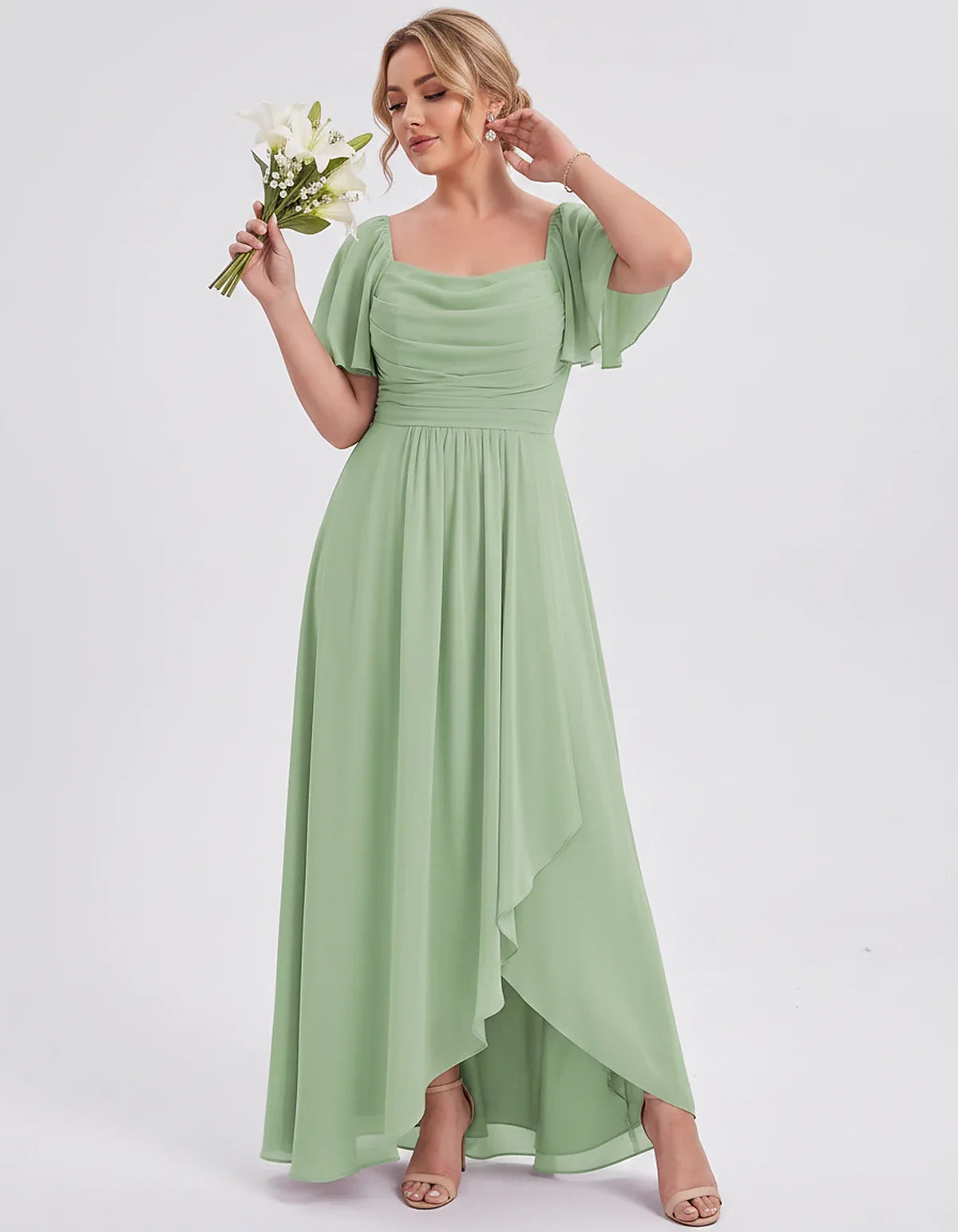 Chiffon Flutter Sleeve Square Neck A-Line Maxi Dress for Party, Cocktail, Evening, Wedding Guest, Summer Formal Events, front | SKU: CD-123456789012345-SAGE-L,CD-123456789012345-SAGE-M,CD-123456789012345-SAGE-S,CD-123456789012345-SAGE-XL,CD-123456789012345-SAGE-XS