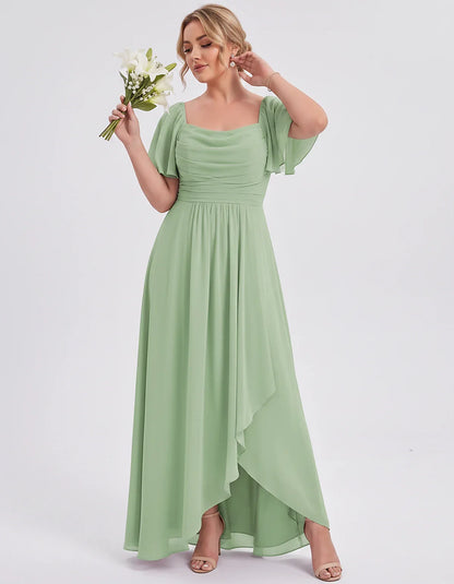Chiffon Flutter Sleeve Square Neck A-Line Maxi Dress for Party, Cocktail, Evening, Wedding Guest, Summer Formal Events, front | SKU: CD-123456789012345-SAGE-L,CD-123456789012345-SAGE-M,CD-123456789012345-SAGE-S,CD-123456789012345-SAGE-XL,CD-123456789012345-SAGE-XS