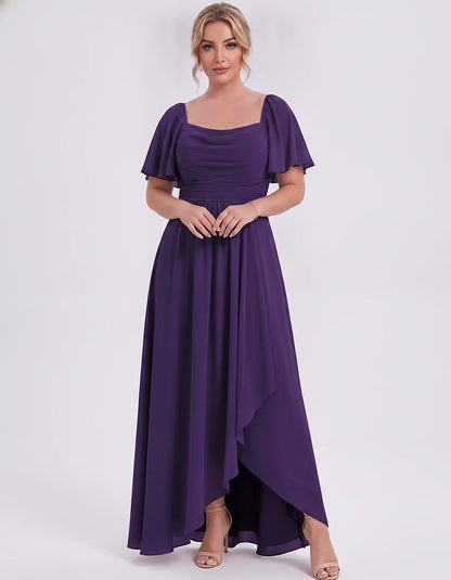Chiffon Flutter Sleeve Square Neck A-Line Maxi Dress for Party, Cocktail, Evening, Wedding Guest, Summer Formal Events, front | SKU: CD-123456789012345-PURPLE-L,CD-123456789012345-PURPLE-M,CD-123456789012345-PURPLE-S,CD-123456789012345-PURPLE-XL,CD-123456789012345-PURPLE-XS