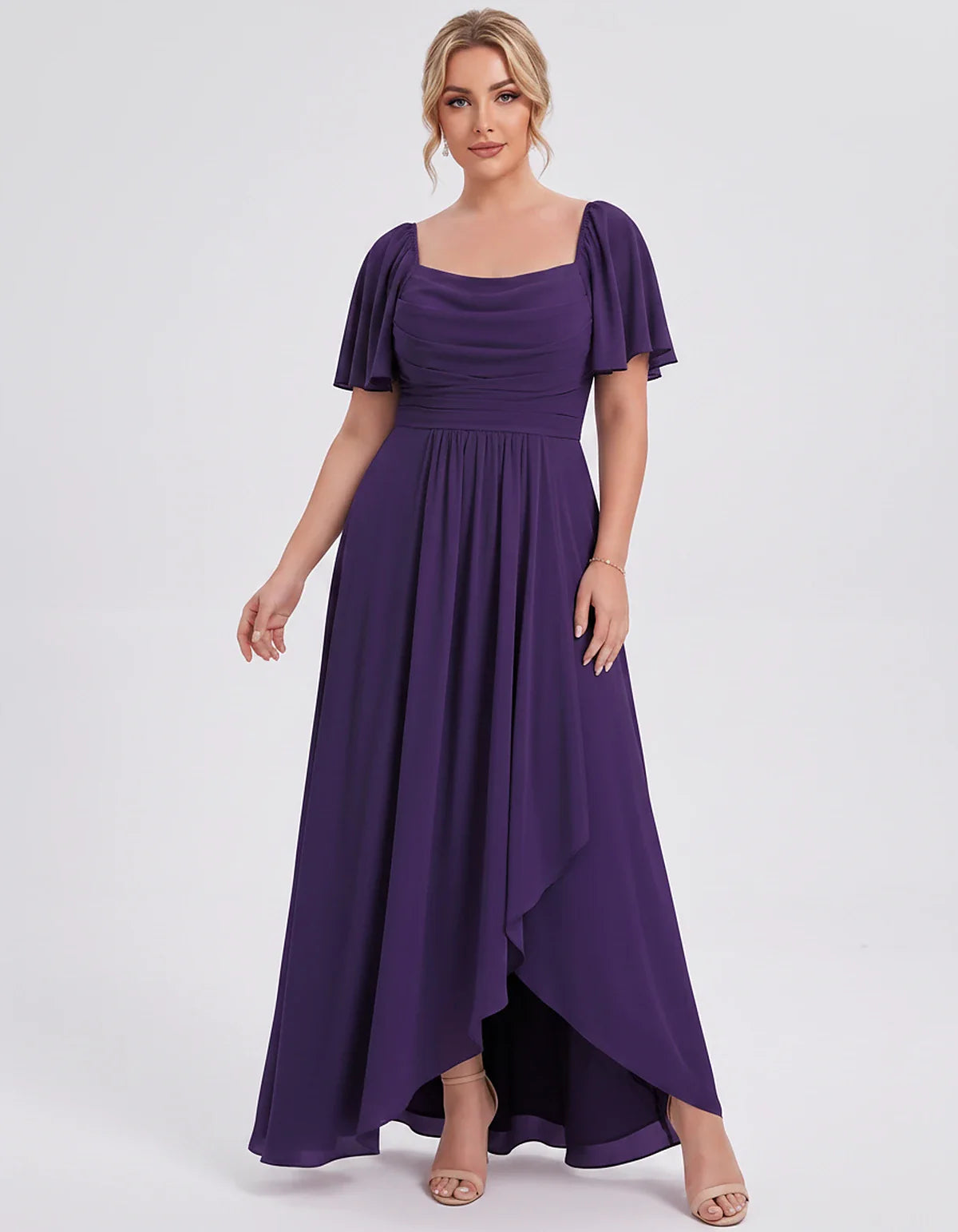 Chiffon Flutter Sleeve Square Neck A-Line Maxi Dress for Party, Cocktail, Evening, Wedding Guest, Summer Formal Events, front | SKU: CD-123456789012345-PURPLE-L,CD-123456789012345-PURPLE-M,CD-123456789012345-PURPLE-S,CD-123456789012345-PURPLE-XL,CD-123456789012345-PURPLE-XS
