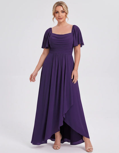 Chiffon Flutter Sleeve Square Neck A-Line Maxi Dress for Party, Cocktail, Evening, Wedding Guest, Summer Formal Events, front | SKU: CD-123456789012345-PURPLE-L,CD-123456789012345-PURPLE-M,CD-123456789012345-PURPLE-S,CD-123456789012345-PURPLE-XL,CD-123456789012345-PURPLE-XS
