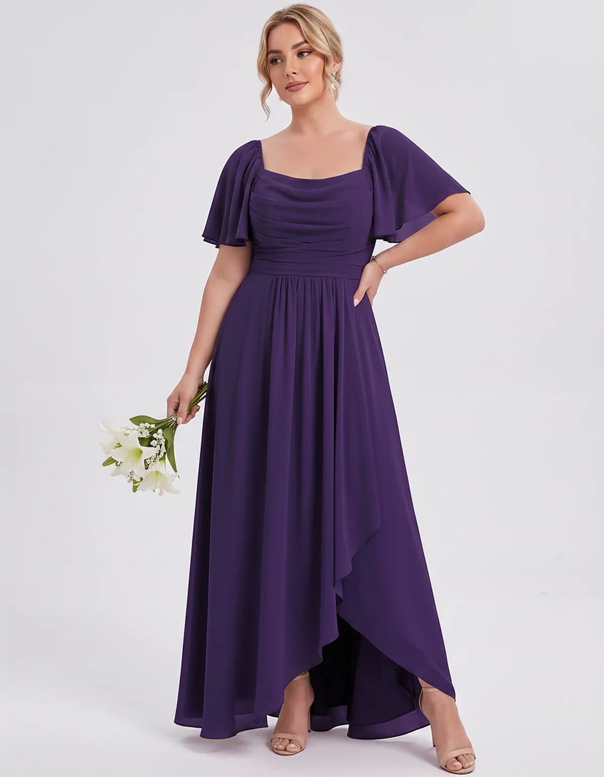 Chiffon Flutter Sleeve Square Neck A-Line Maxi Dress for Party, Cocktail, Evening, Wedding Guest, Summer Formal Events, front | SKU: CD-123456789012345-PURPLE-L,CD-123456789012345-PURPLE-M,CD-123456789012345-PURPLE-S,CD-123456789012345-PURPLE-XL,CD-123456789012345-PURPLE-XS
