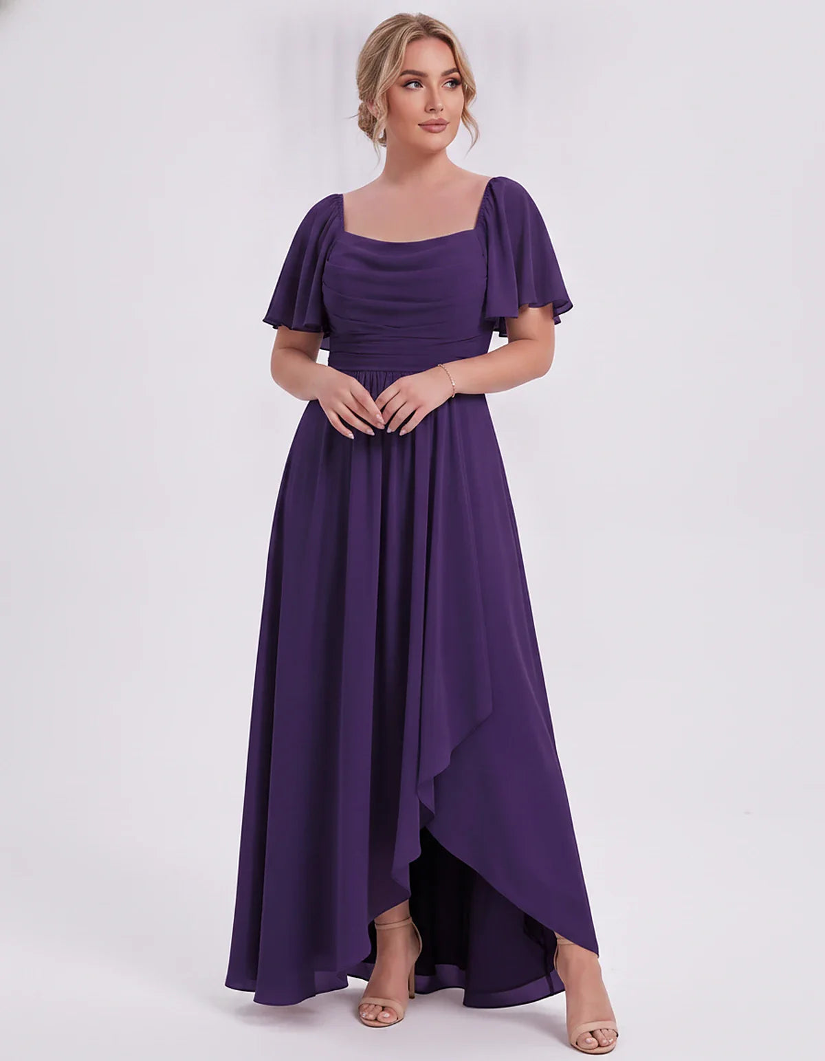 Chiffon Flutter Sleeve Square Neck A-Line Maxi Dress for Party, Cocktail, Evening, Wedding Guest, Summer Formal Events, front | SKU: CD-123456789012345-PURPLE-L,CD-123456789012345-PURPLE-M,CD-123456789012345-PURPLE-S,CD-123456789012345-PURPLE-XL,CD-123456789012345-PURPLE-XS
