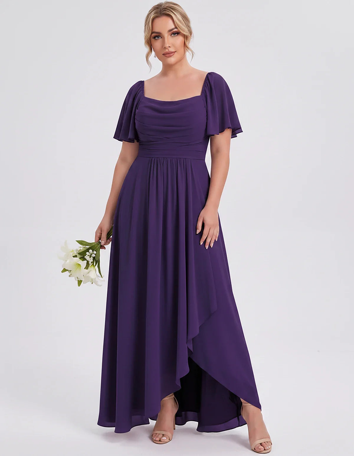 Chiffon Flutter Sleeve Square Neck A-Line Maxi Dress for Party, Cocktail, Evening, Wedding Guest, Summer Formal Events, front | SKU: CD-123456789012345-PURPLE-L,CD-123456789012345-PURPLE-M,CD-123456789012345-PURPLE-S,CD-123456789012345-PURPLE-XL,CD-123456789012345-PURPLE-XS