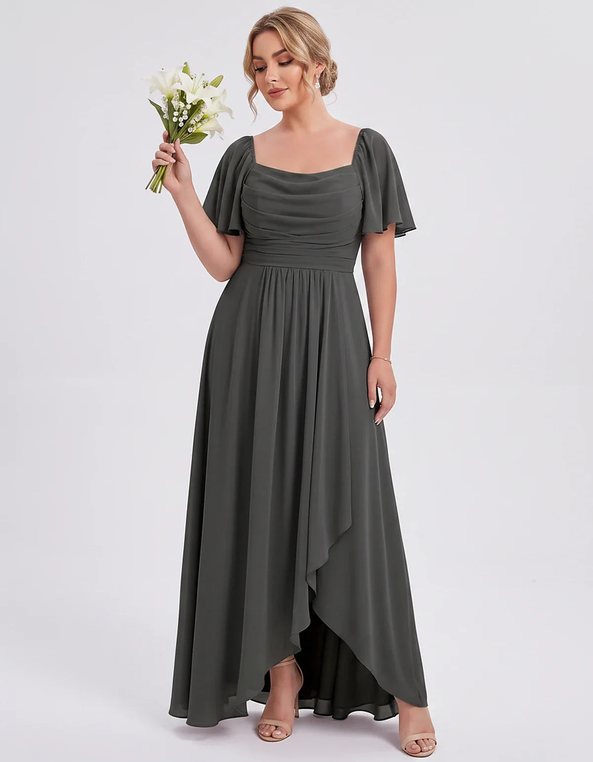 Chiffon Flutter Sleeve Square Neck A-Line Maxi Dress for Party, Cocktail, Evening, Wedding Guest, Summer Formal Events, front | SKU: CD-123456789012345-BLACK-L,CD-123456789012345-BLACK-M,CD-123456789012345-BLACK-S,CD-123456789012345-BLACK-XL,CD-123456789012345-BLACK-XS