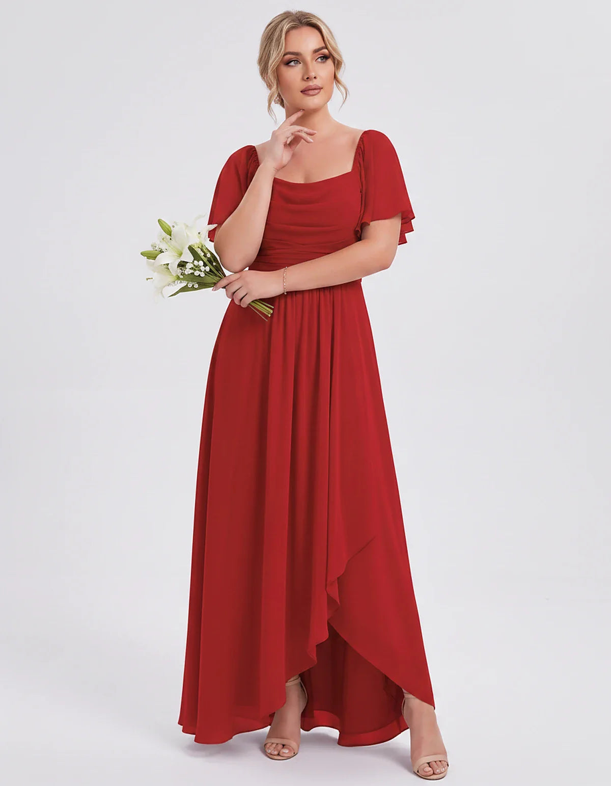 Chiffon Flutter Sleeve Square Neck A-Line Maxi Dress for Party, Cocktail, Evening, Wedding Guest, Summer Formal Events, front | SKU: CD-123456789012345-RED-L,CD-123456789012345-RED-M,CD-123456789012345-RED-S,CD-123456789012345-RED-XL,CD-123456789012345-RED-XS