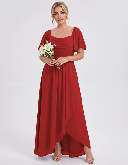 Chiffon Flutter Sleeve Square Neck A-Line Maxi Dress for Party, Cocktail, Evening, Wedding Guest, Summer Formal Events, front | SKU: CD-123456789012345-RED-L,CD-123456789012345-RED-M,CD-123456789012345-RED-S,CD-123456789012345-RED-XL,CD-123456789012345-RED-XS